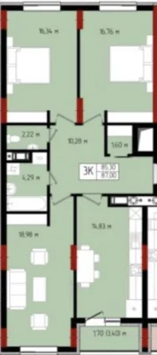 Большая 3к квартира 87 м² с подогревом полов и стяжкой / П