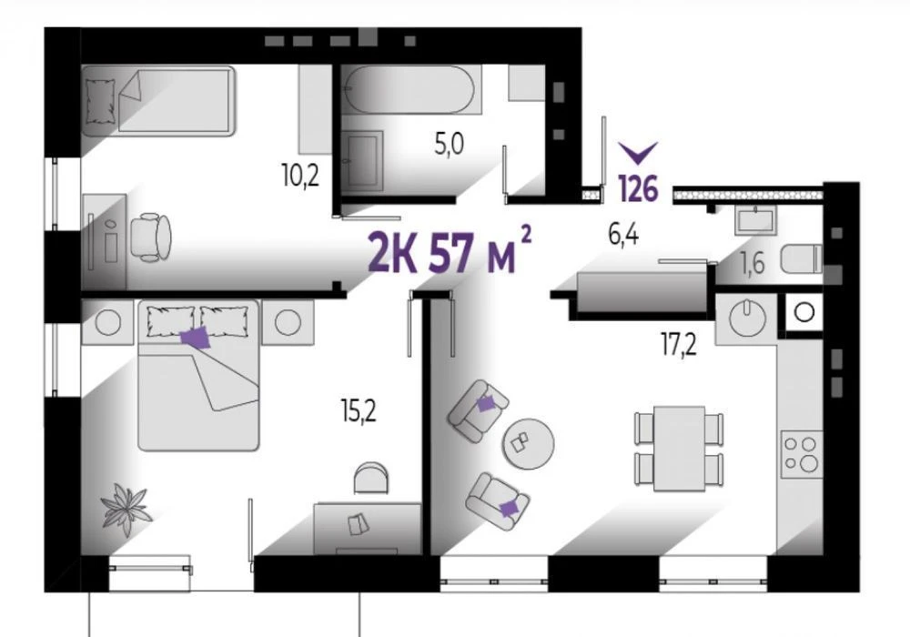 Продается двухкомнатная квартира 57м2.
