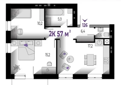 Продается двухкомнатная квартира 57м2.