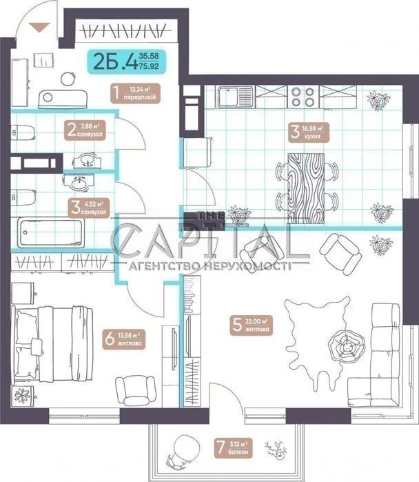 Residential complex Teremky Vidova 2-room apartment 76 m in a new building