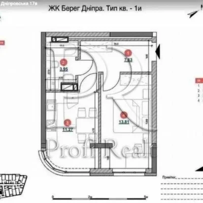 1-room apartment 37 m² for sale, Dniprovskoe Shosse, 17K