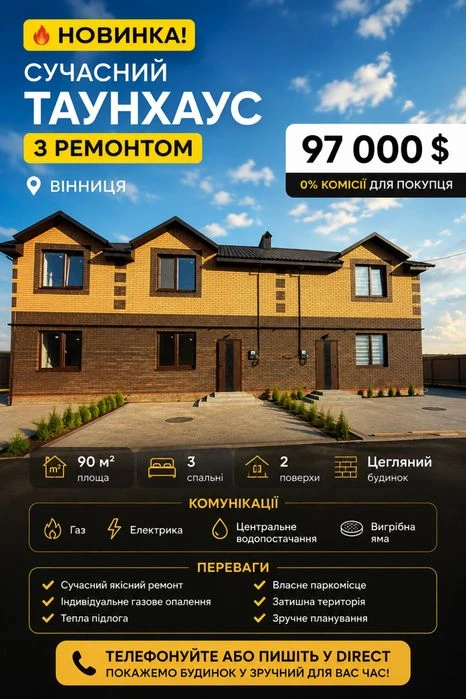 Продаж таунхауса 90м2 3 кімнати 1,5 сотки Перемичка