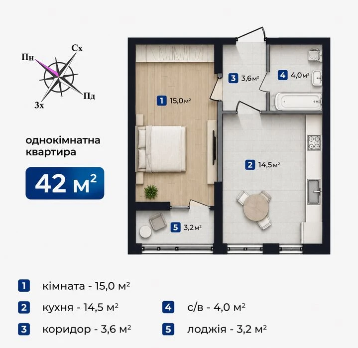 Продаж 1-кімнатної квартири 42 м2  Бізнес-клас | Центр