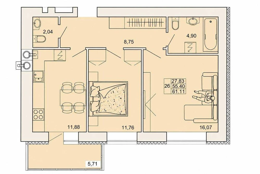 2-кімнатна квартира 61,11 м² у центрі міста |ЖК «На Сінній 2
