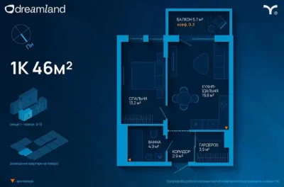 Однокомнатная квартира в ЖК Dreamland рядом ТРЦ Велес