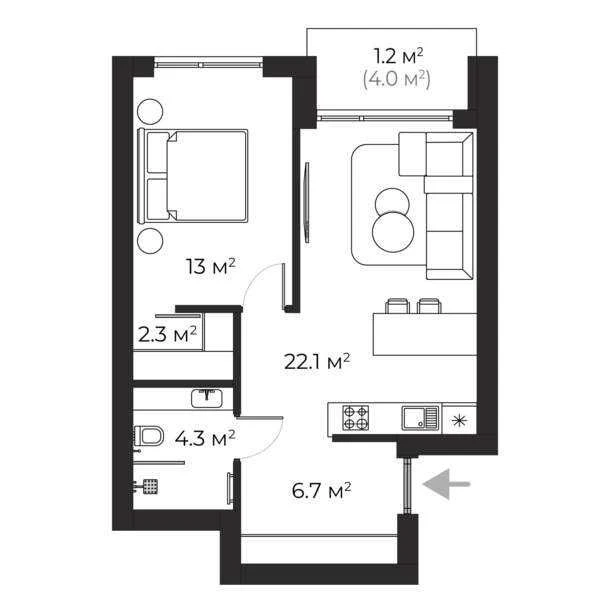 1-кімнатна квартира 49,6 м²  ЖК SHERWOOD  Клубний формат жит