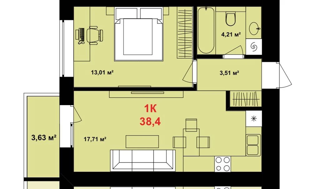 1 ком квартира! 43 м2, 4 этаж! Кирпич и газ Срочно